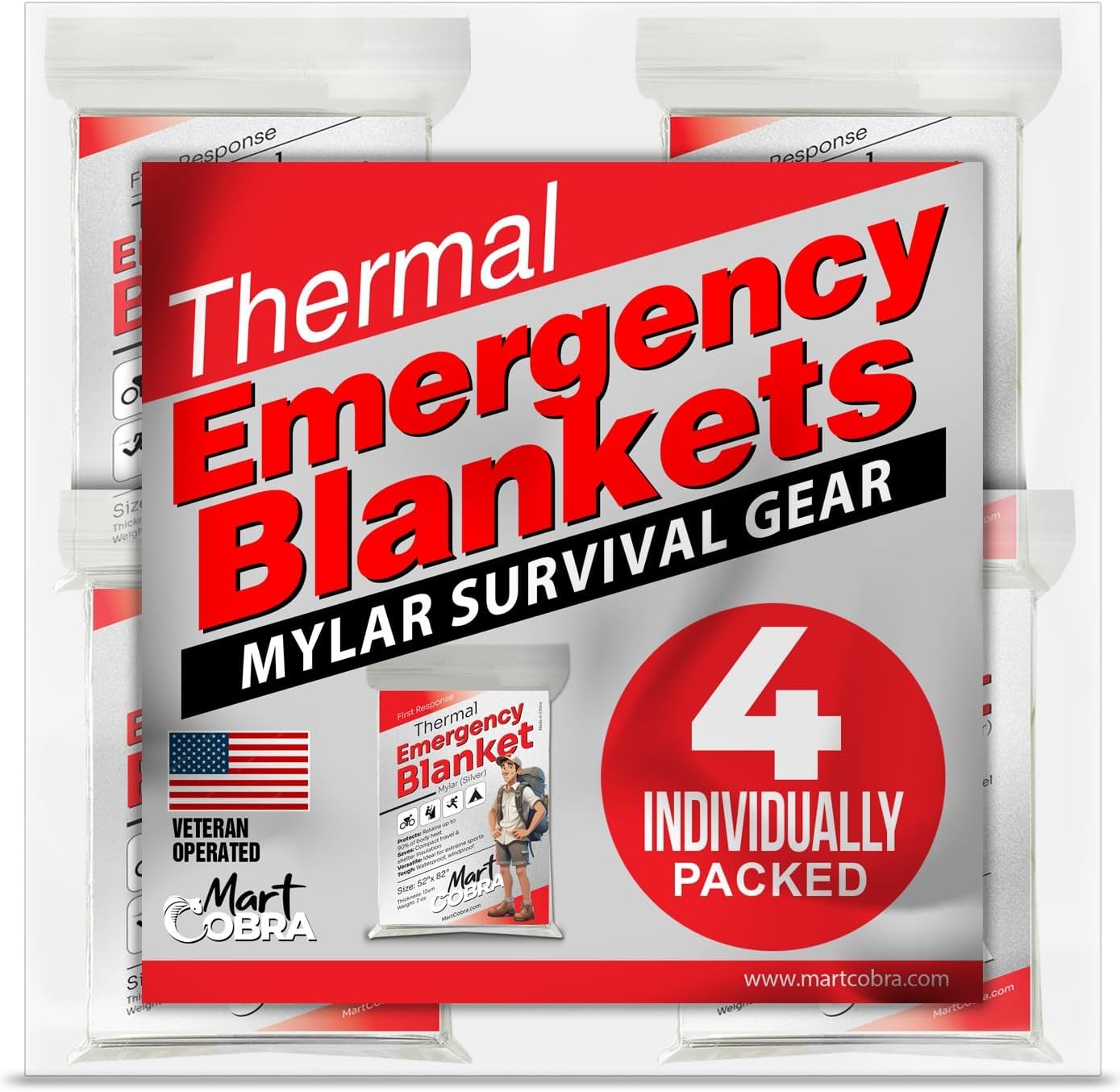 Skiennix Emergency Mylar Blankets - 4-Pack Reusable Thermal Survival Gear for Camping & Outdoors