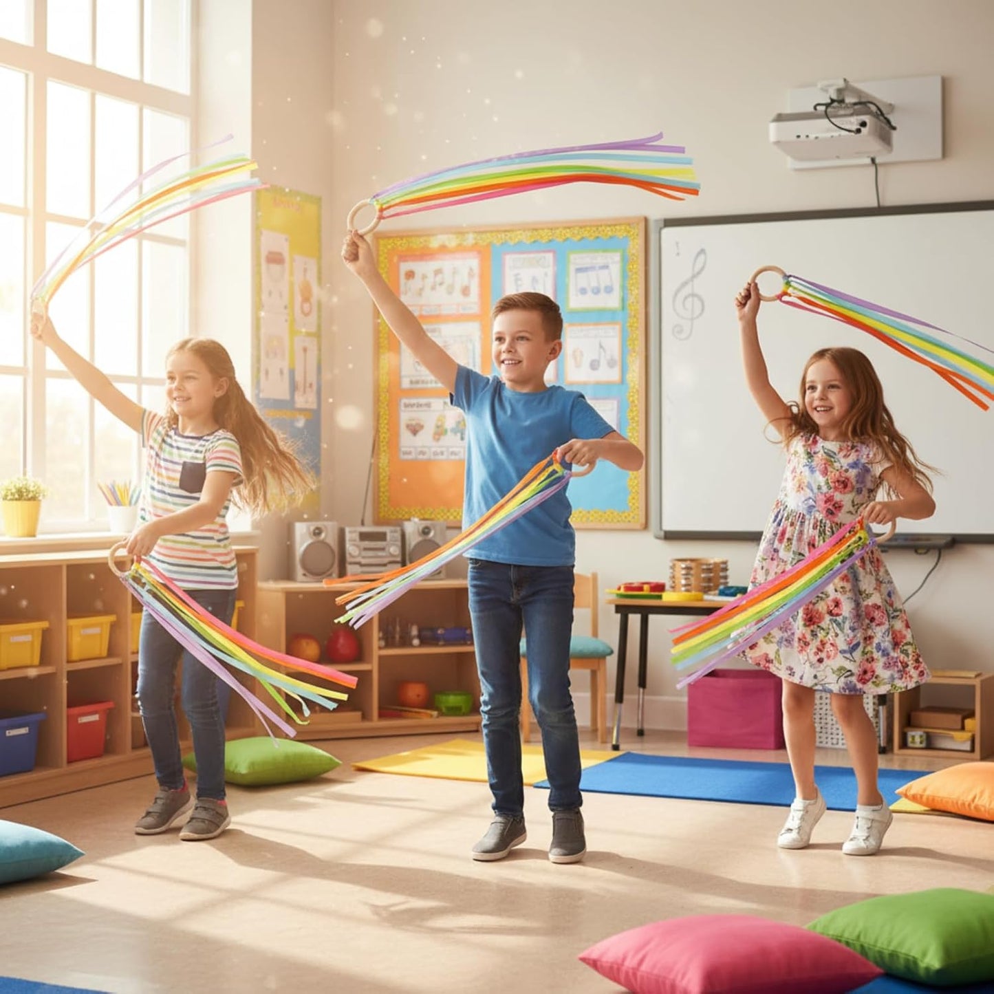 Sumind Rainbow Ribbon Hand Kites - 6 Pcs Colorful Streamer Wands for Kids | Educational Dance Toys