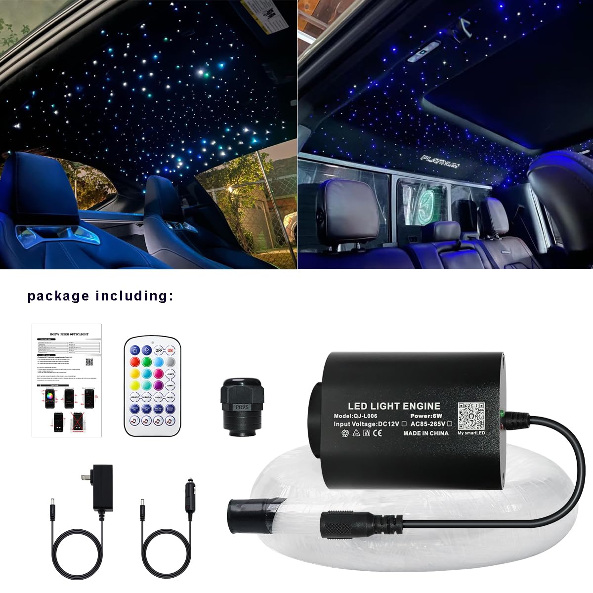 AZIMOM Mini 6W 300pcs Twinkle Fiber Optic Starlight Headliner Kit for Car Home 0.03in 6.5ft End Glow Fiber Strands Sound-Activated APP& Remote Control Starlight Engine