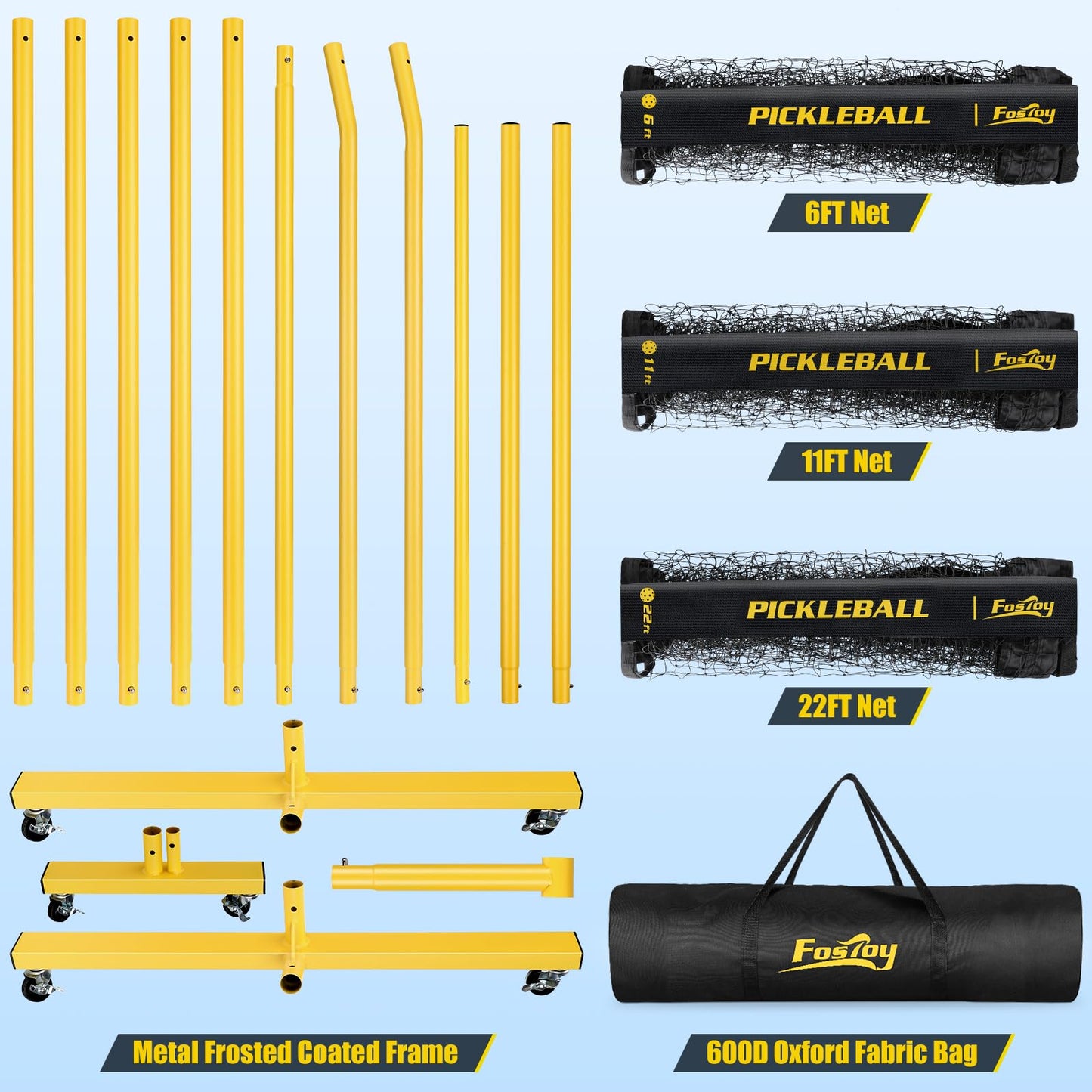 Pickleball Set Net with Wheels, Portable 3in1 Pickle Ball Net with Carry Bag- 3 Size Options, Designed for All Weather Conditions, Steady Metal Frame & Take Down for Practice & Games (Black&Yellow)