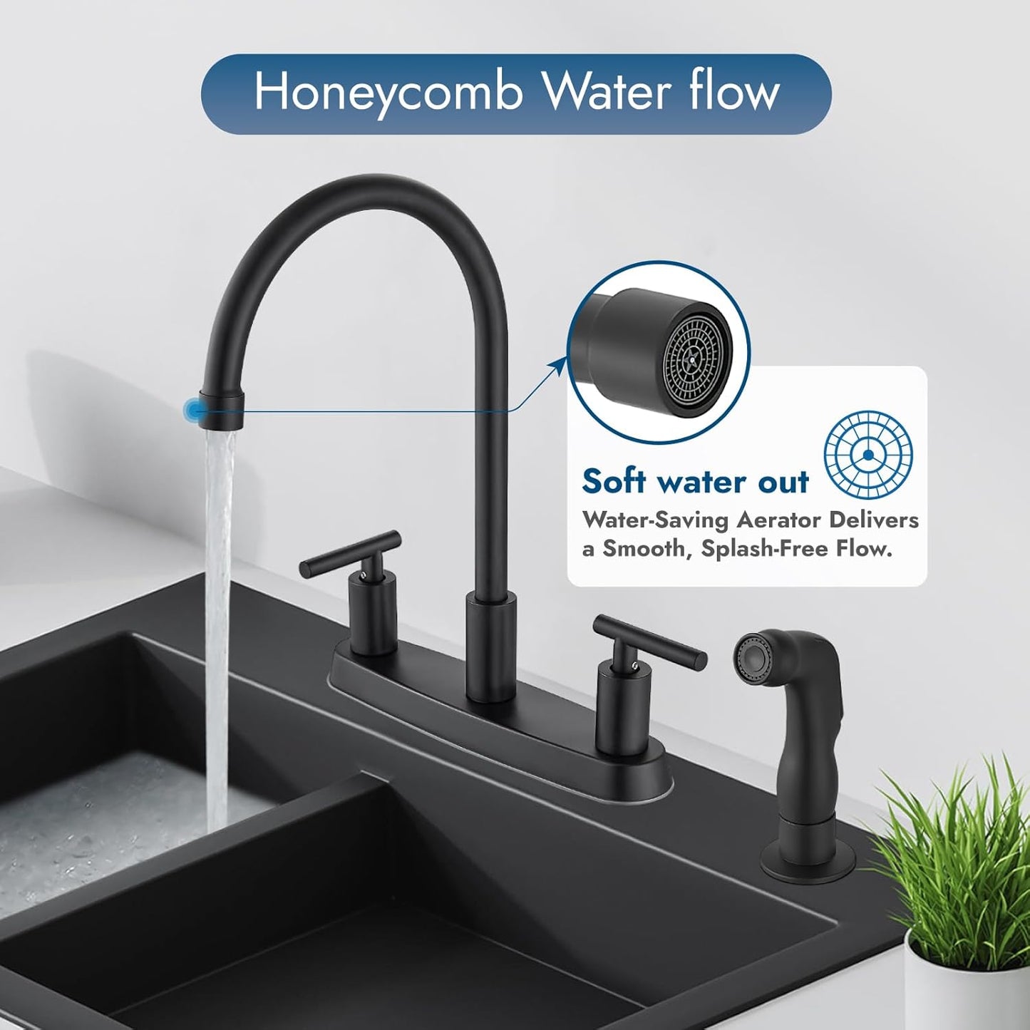 Brushed Nickel Kitchen Faucet with 360° Rotating Spout & Side Sprayer - 2 Handle, 8 Inch Centerset