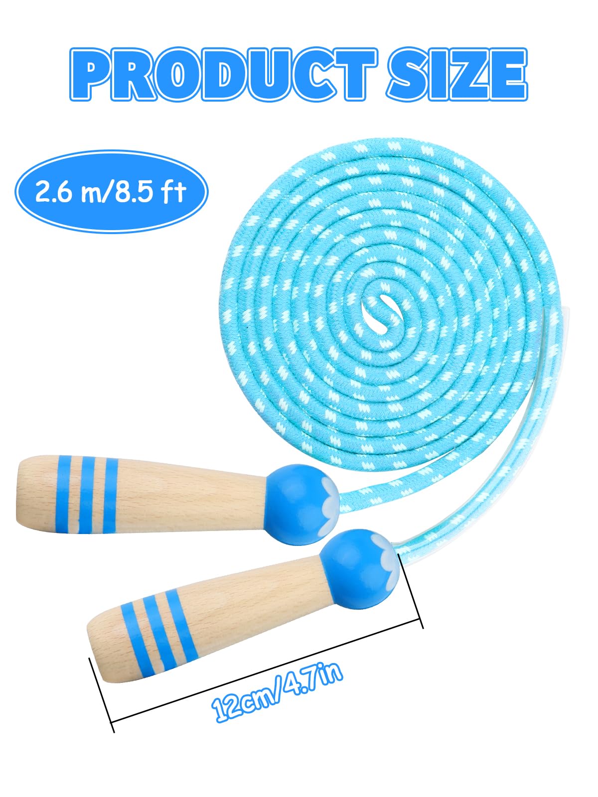 Lorvain Jump Rope Kids, 8.5FT Adjustable Cotton Braided Skipping Rope with Wooden Handle for Girls and Boys Fitness Workout Exercise Outdoor Activity, Blue Jump Rope