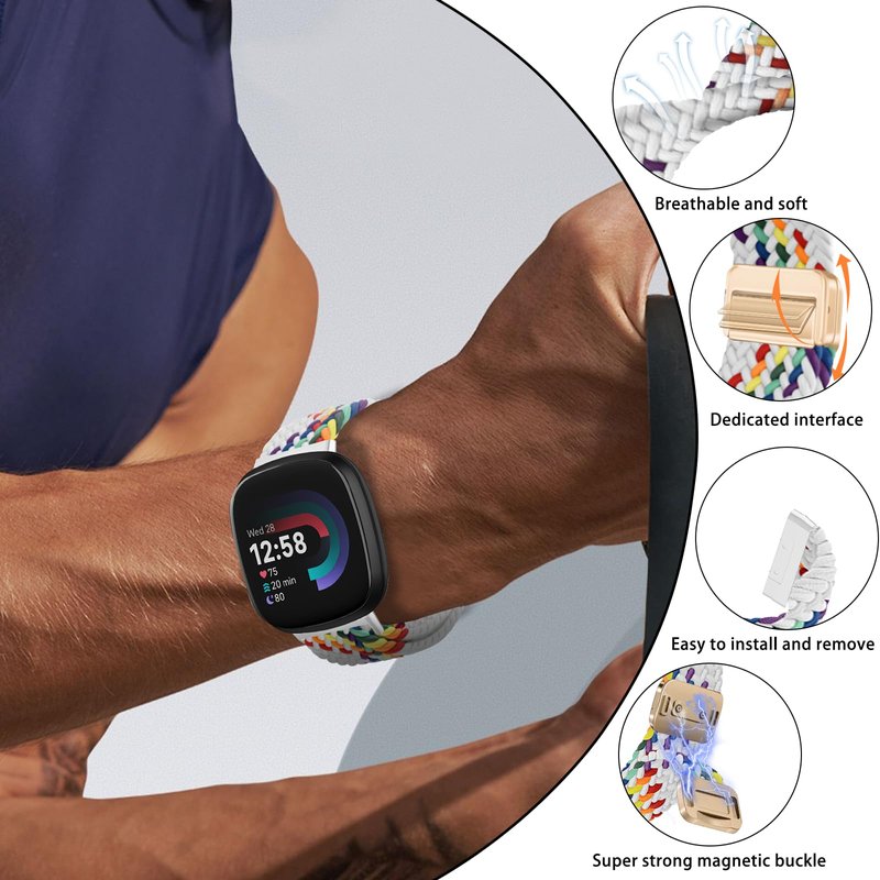 MokaZii Magnetic Braided Compatible with Fitbit Versa 4/3/Sense 2 /Sense for Men Women, Nylon adjustable Breathable Replacement Stretchy Elastic Sport Strap for Fitbit Versa 4/3/sense - White Rainbow