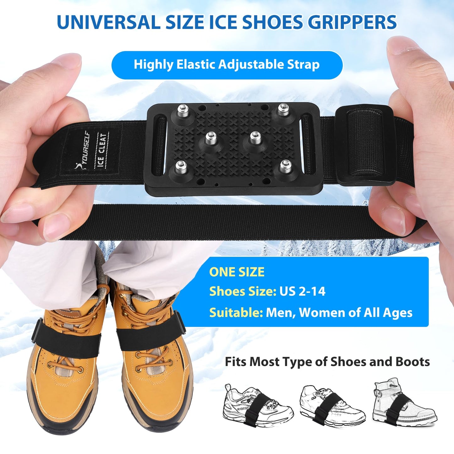SYOURSELF Ice Cleats Crampons for Shoes and Boots, Rotatable Mid-Sole Traction Cleats Shoe Spikes for Snow and Ice, Non Slip Tungsten Spikes Ice Shoes Grippers for Men Women Winter Indoor/Outdoor