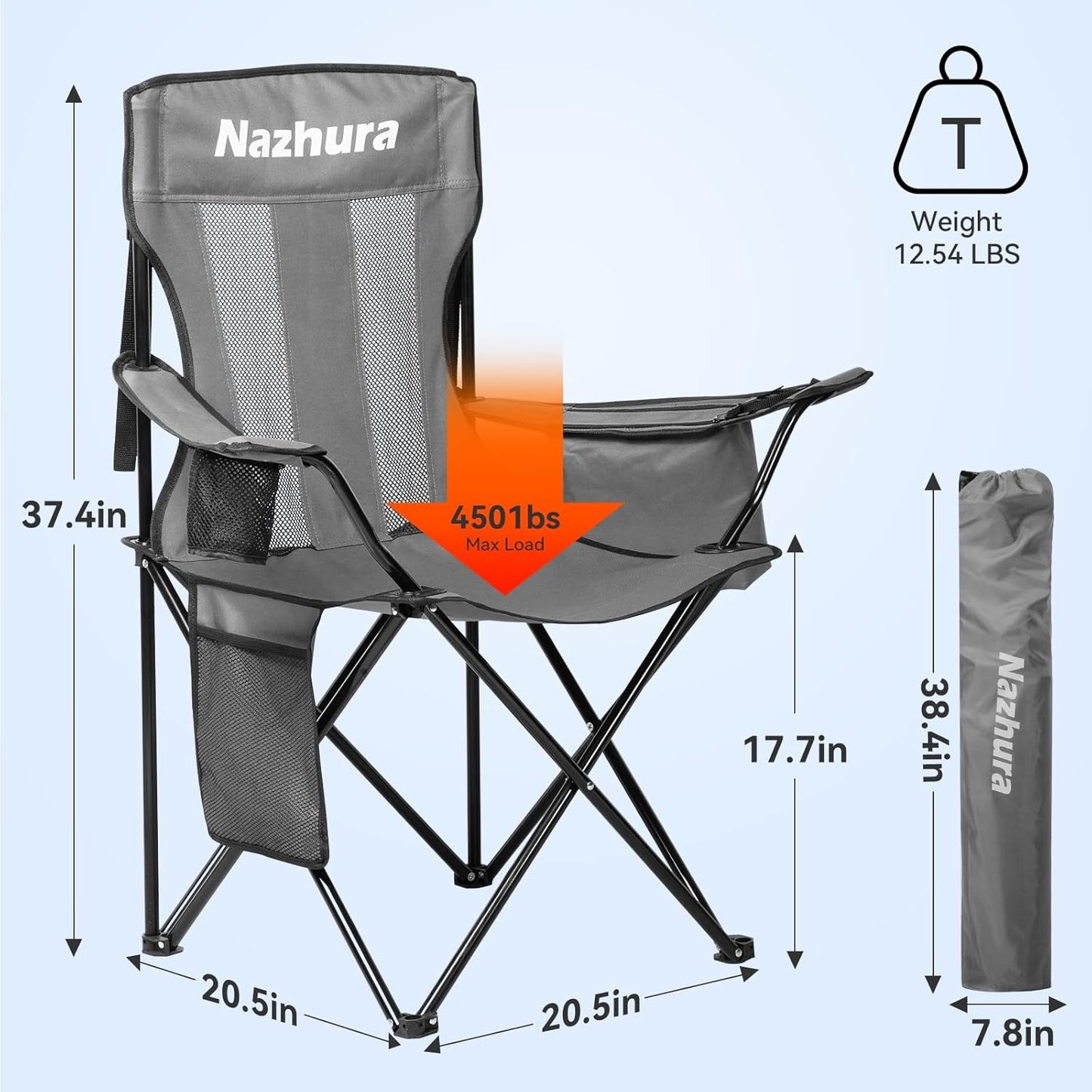 Nazhura Portable Folding Camping Chairs - Mesh Backrest & Cooler Pouch | Grey, Set of 2