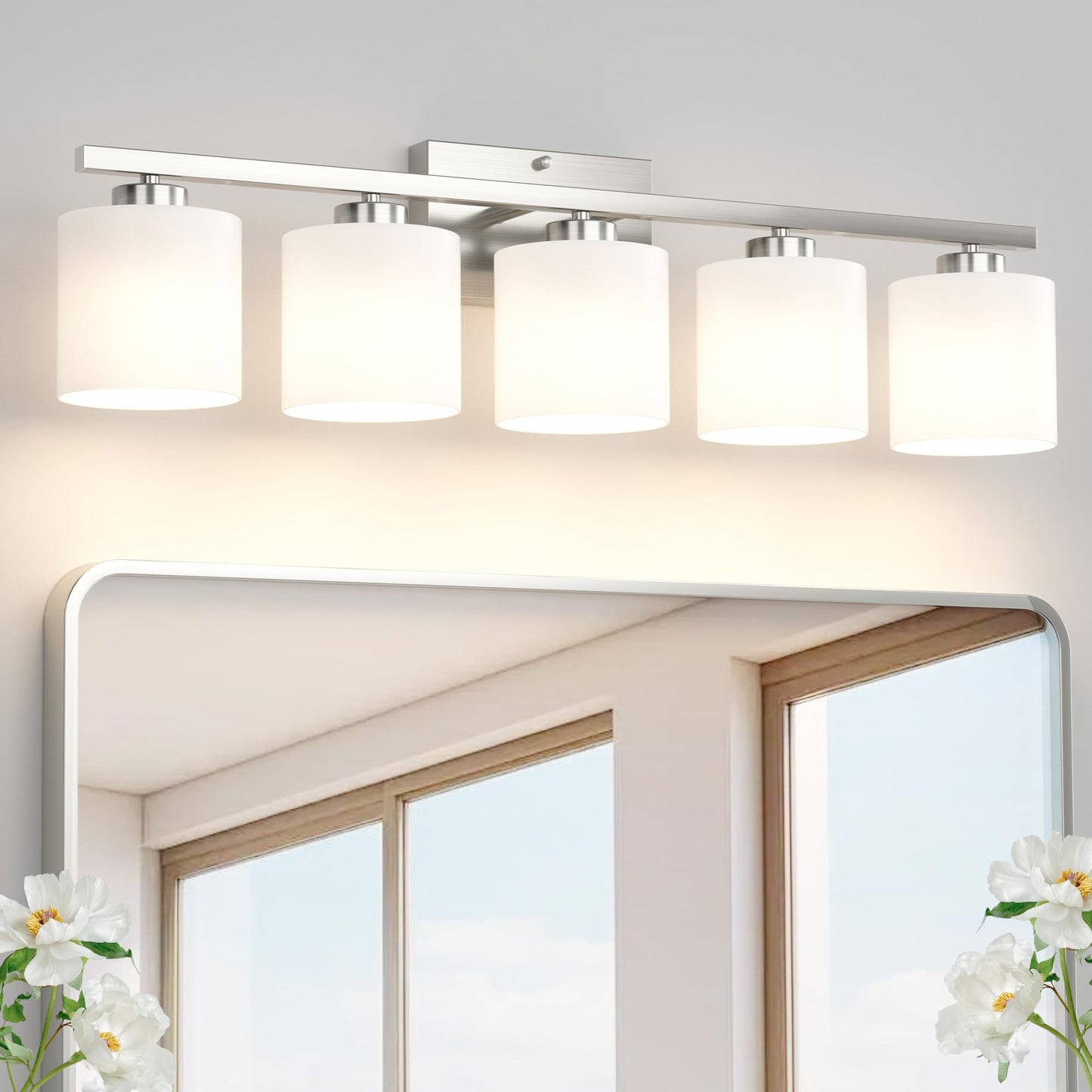 Honesorn Modern Vanity Lights - 5-Light Bathroom Fixture with Frosted Shade & Anti-Rust Nickel Finish