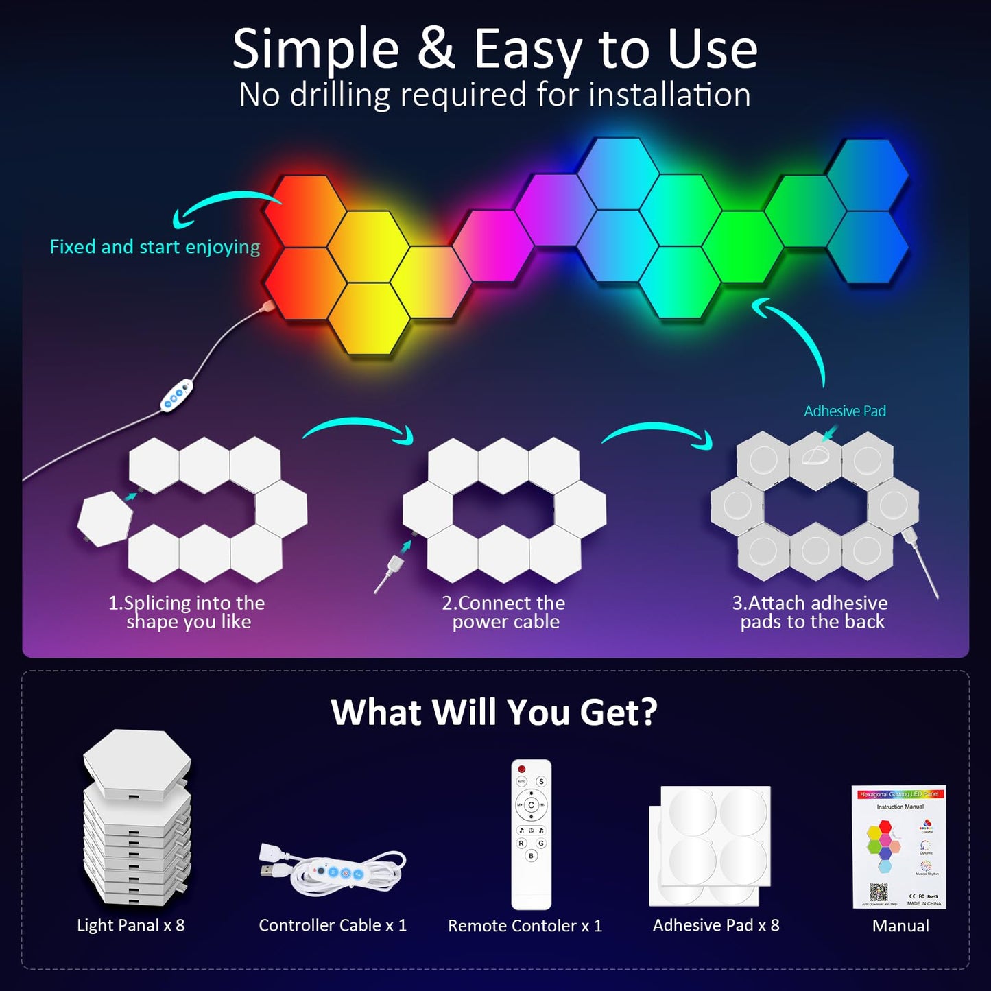 JIMIMORO Big Hexagon LED Light - 8 Pack Smart RGB Hexagon LED Panels Wall Lights with APP & Remote Control Cool Music Sync Gaming Lights for Living Room, Bedroom, Gaming Room, Kids, Adults