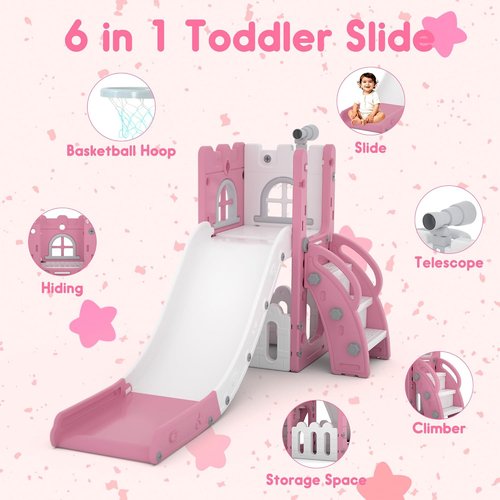 LulliSpace 6-in-1 Toddler Slide | Versatile Indoor & Outdoor Playset with Basketball Hoop & Telescope