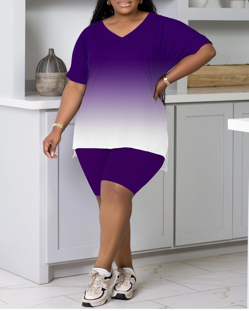 PINSV Women's Plus Size 2 Piece Outfits Sweatsuits Tracksuit Loungewear Short Sets Purple Gradient 3XL