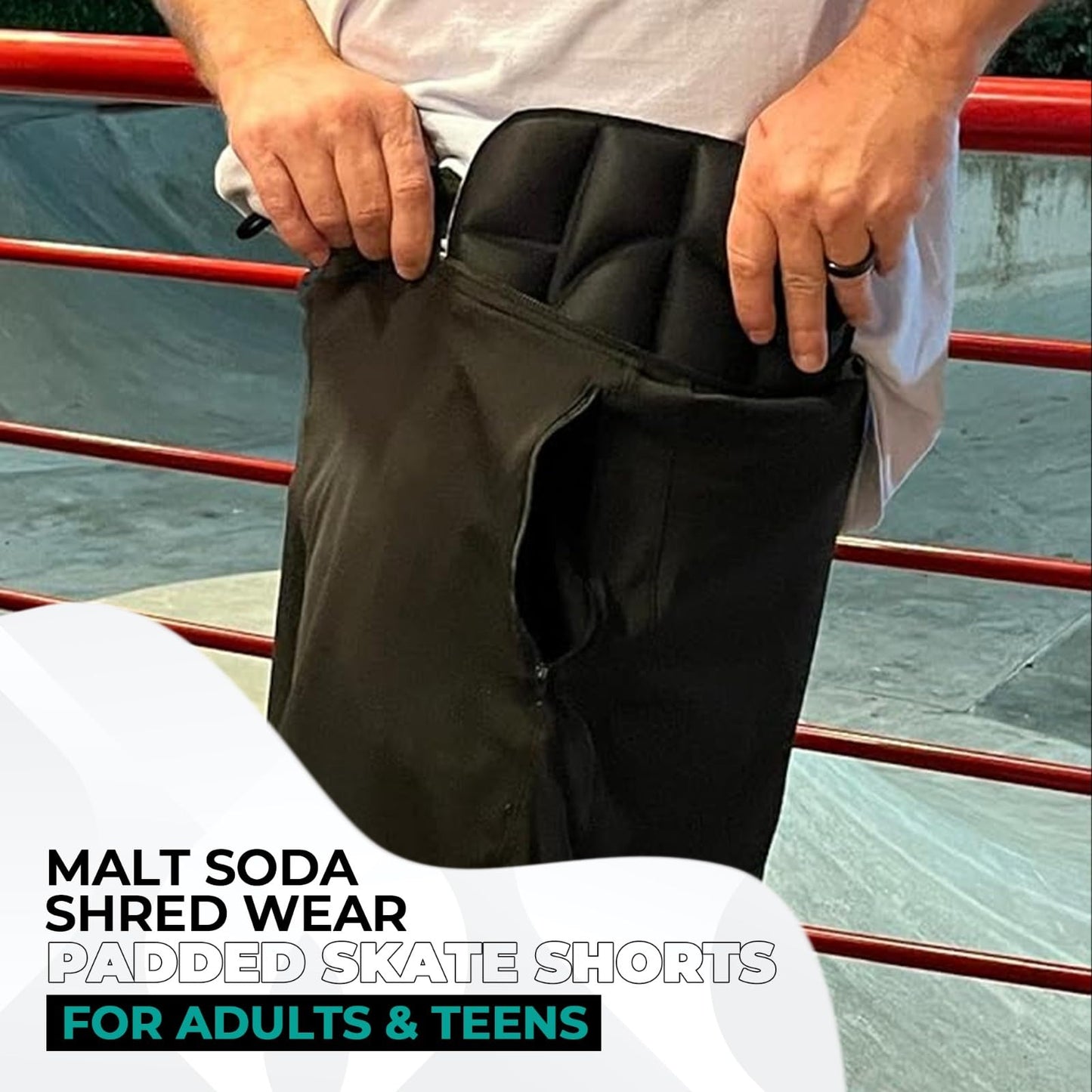 Malt Soda Shred Wear Removable Padded Skate Shorts for Adults & Teens – Impact Protection for Inline Skating, Rollerblading, Skateboarding, BMX, Snowboarding & Mountain Biking - Black (Small)