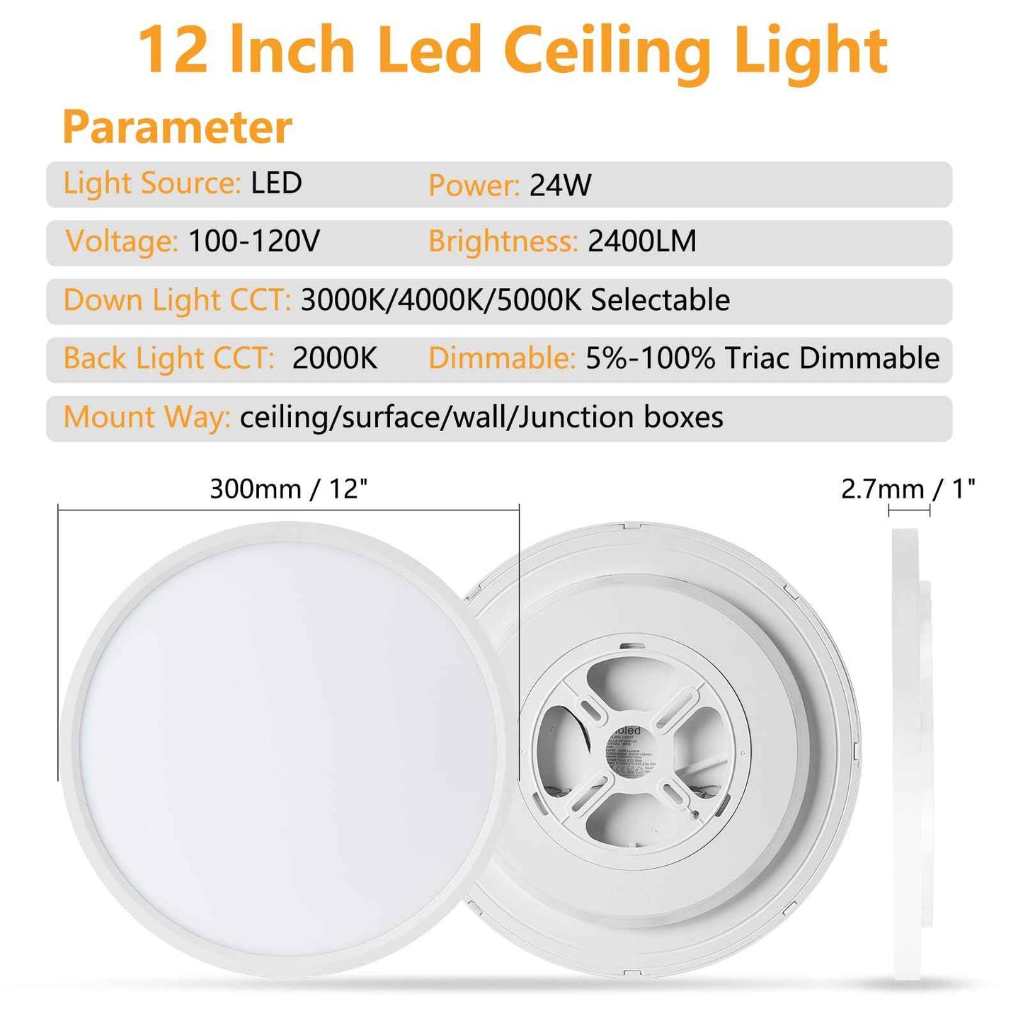 YELIOLED 6 Pack of 12 Inch LED Flush Mount Ceiling Light Fixture with Night Light, 24W 2400LM, 3000K/4000K/5000K 3CCT Selectable, Dimmable Wired LED Ceiling Lights for Bedroom,White