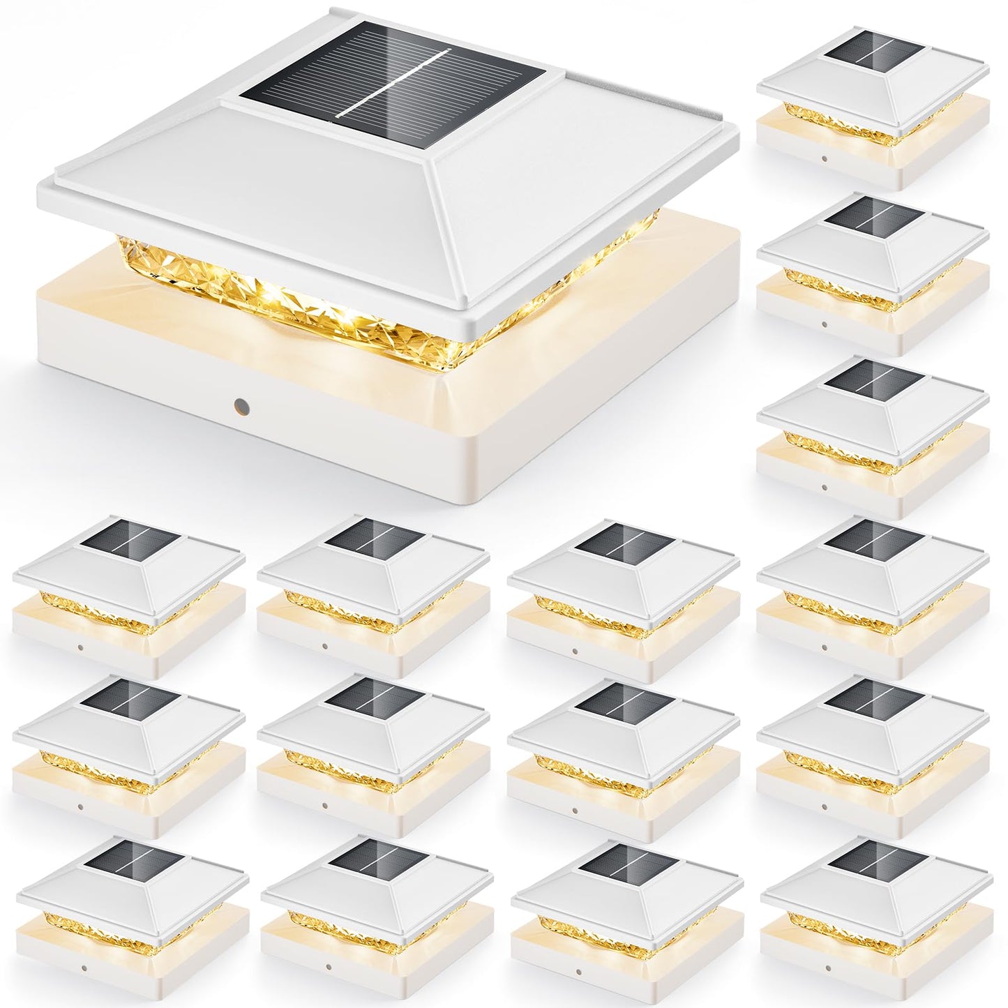 Post Cap Lights 16pack, 4x4 Deck Fence Post Solar Lights Outdoor with Warm White Lighting,White Waterproof Solar Post Lights for Vinyl/Wood Posts to Decorate Fence, Deck,Garden, Patio