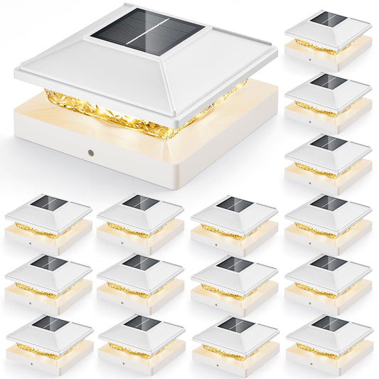 Post Cap Lights 16pack, 4x4 Deck Fence Post Solar Lights Outdoor with Warm White Lighting,White Waterproof Solar Post Lights for Vinyl/Wood Posts to Decorate Fence, Deck,Garden, Patio