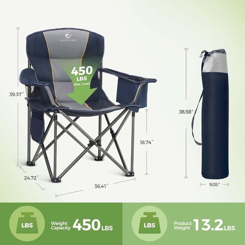 LET'S CAMP Oversized Heavy Duty Folding Camping Chair - Padded with Cup Holder & Cooler Bag, 450 LBS Capacity | 2 Pack