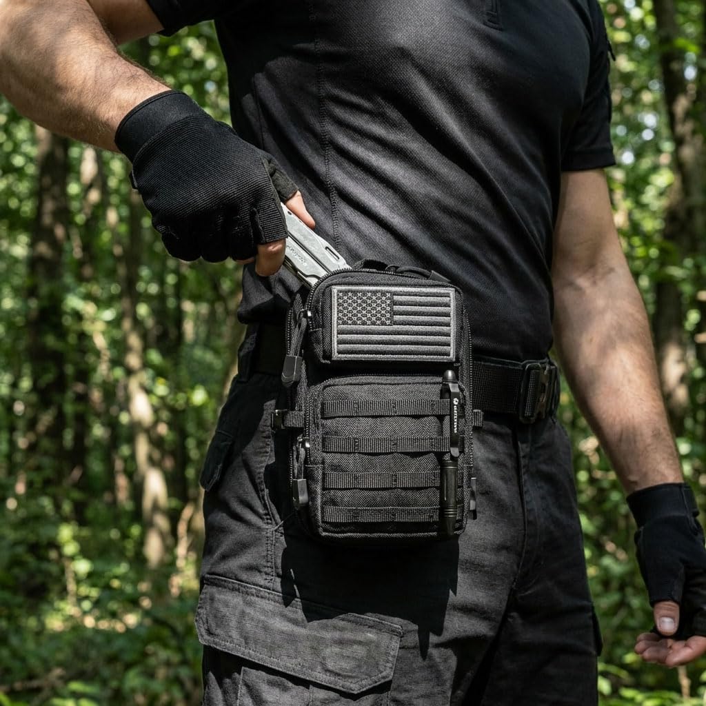 Skiennix Tactical EDC Pouch - 2 Pack Small Molle Design with US Flag Patches