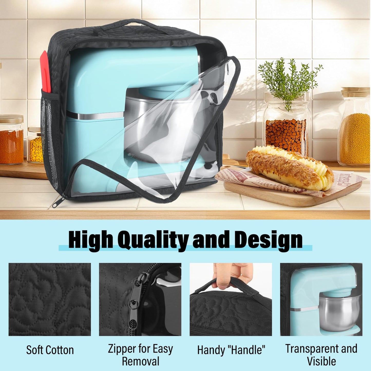 Stand Mixer Cover Compatible with Kitchen in the Box, Appliance Covers for Kitchen Counter for 3.2Quart Bowl Lift, Food Processor Cover, Zipper Pocket for Various Kitchen Appliance Accessories Black