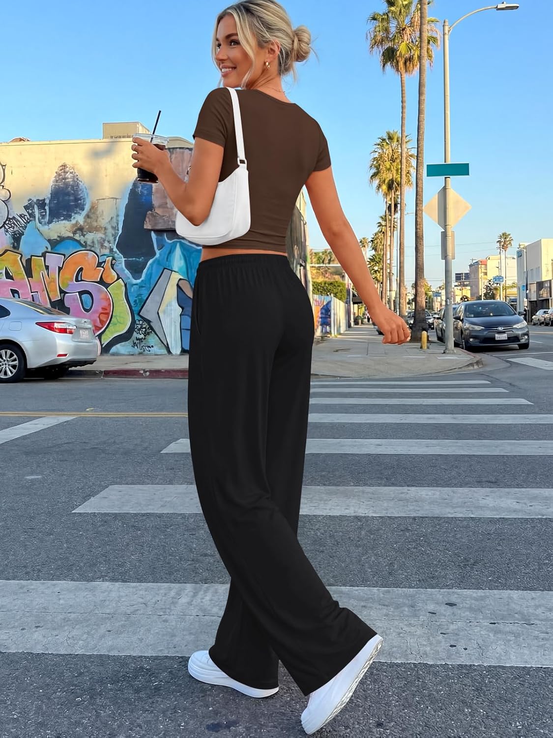 Trendy Queen 2-Piece Matching Summer Lounge Set - Women's Side Ruching Top & Wide Leg Pants with Pockets