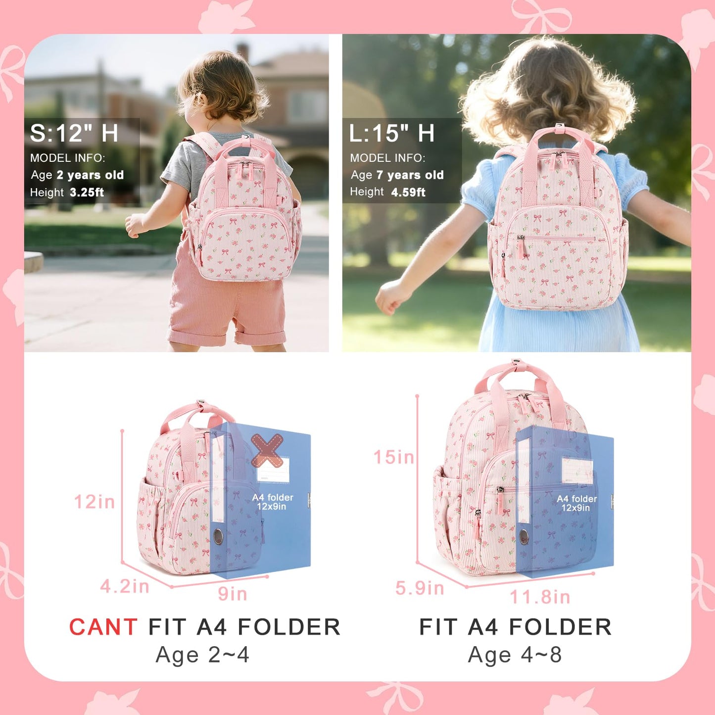 Bluboon Toddler Backpack for Girls Boys 2-4 Cute 12" Preschool Kindergarten Backpacks Kids Daycare Bags School Travel (Pink bow flower 212-Pink, Age 2-4 (12" H not Fit A4 Folder))