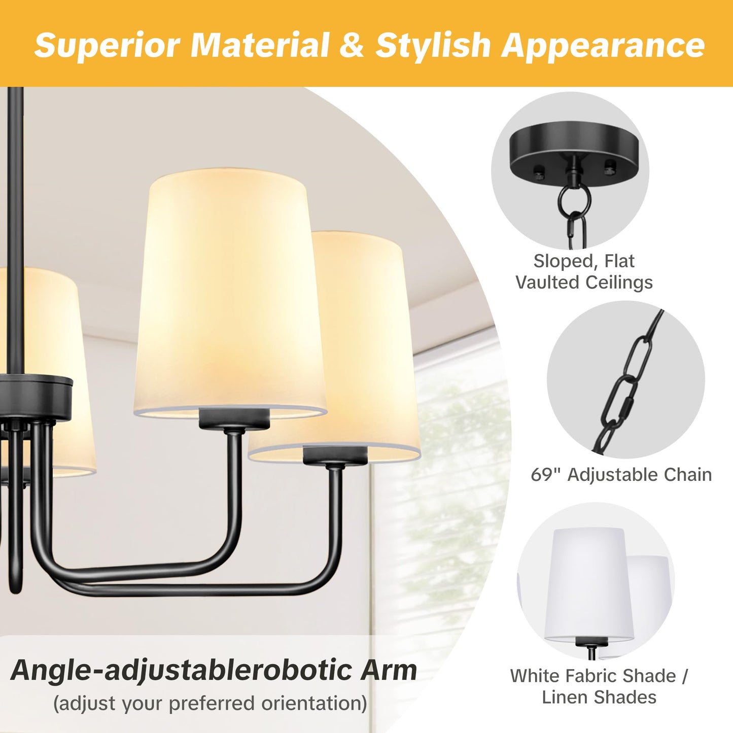 Laiebri Farmhouse Chandelier, 5-Light Black Chandelier with White Fabric Shade, Height Adjustable Modern Dining Room Light Fixture with E26 Base for Bedroom Foyer Hallway Entryway Kitchen Living Room