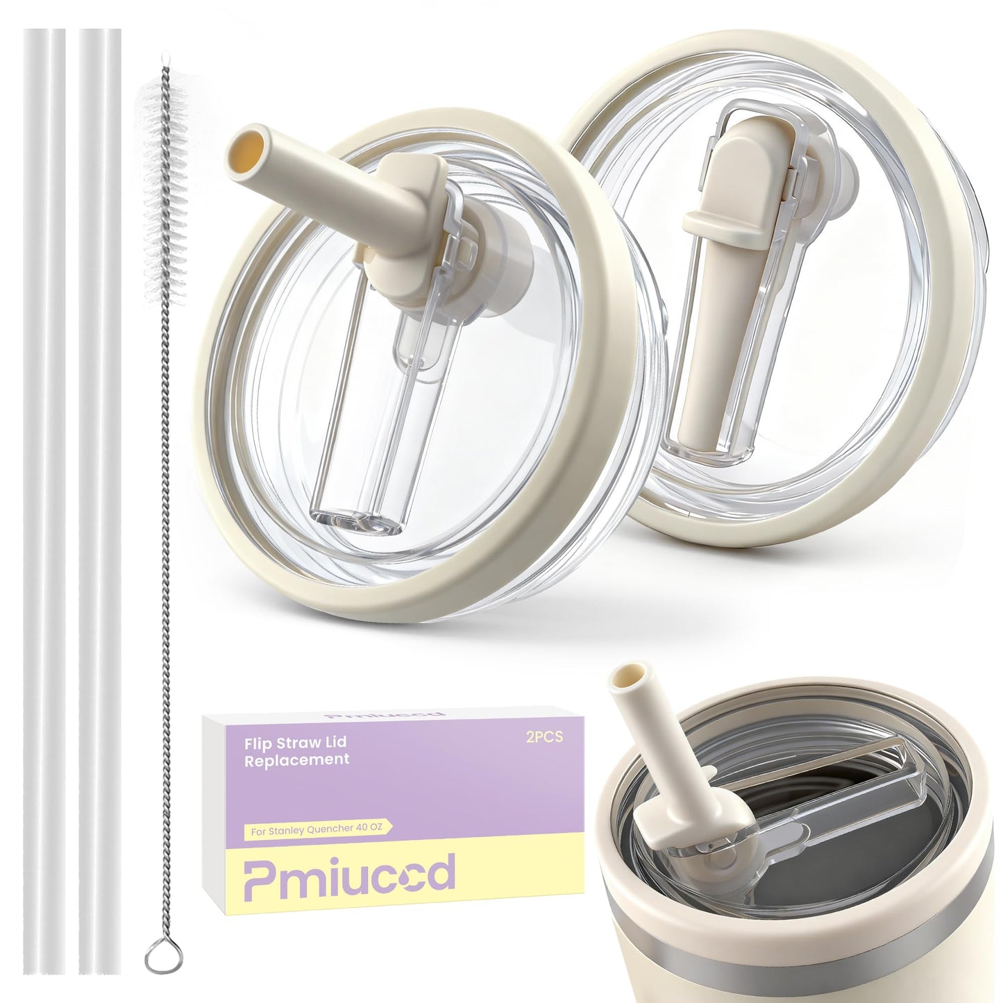 2 Pack Stanley Lid Replacement 40 oz, for Stanley H2.0 Quencher Cup Accessories, Dust-Proof Straw Cover for stanley cups, Spill-Proof Design, Stanley Cup Accessories（Beige & Beige）