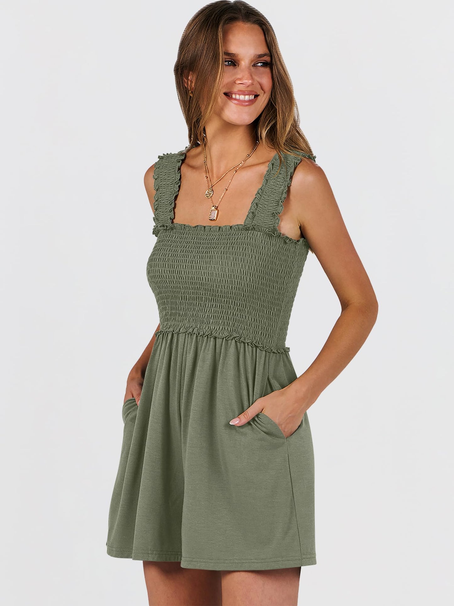 Caracilia Women's Summer Casual Smocked Rompers Square Neck Sleeveless Loose Shorts Jumpsuit 2026 Beach Vacation Outfits