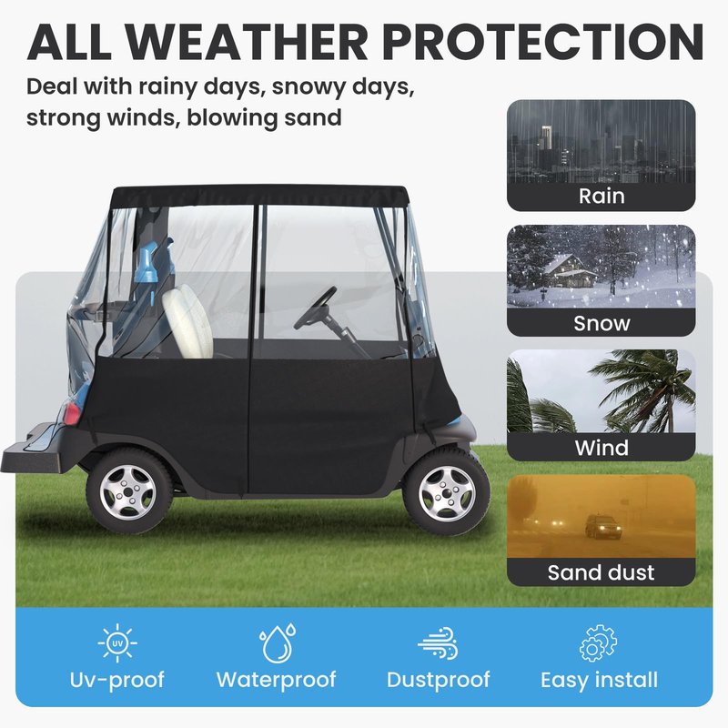 Santiano Golf Cart Cover 2 Passenger - 900D Waterproof Driving Enclosure with 0.5mm Clear PVC, Windproof Rain Protection for EZGO TXT/RXV & Club Car Precedent (Fits Roof up to 58")
