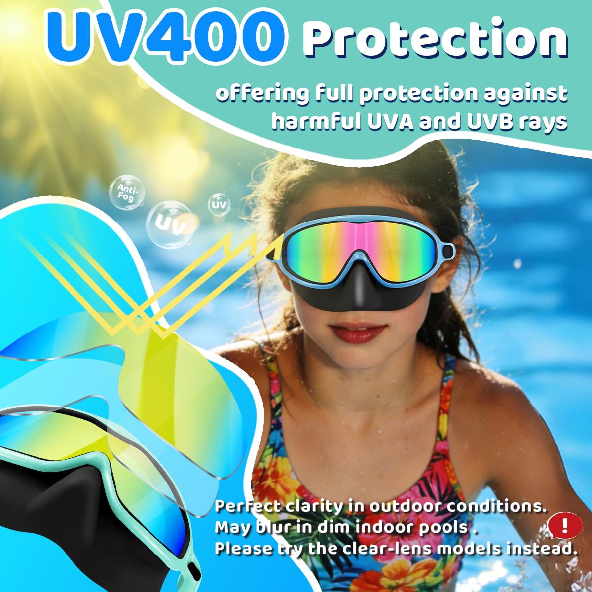 Vvinca Kids Swim Goggles with Nose Cover 2 Pack, Anti-Fog Waterproof Swimming Glasses for Boys Girls Age 12-15, Wide View Silicone Scuba Mask for Toddler Pool Beach Water Play