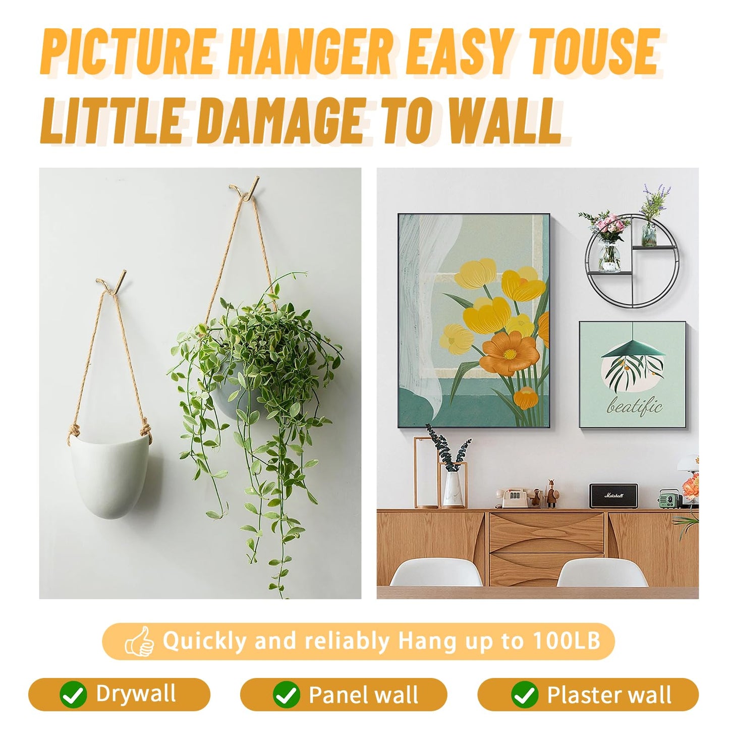 FURHUA 30pcs Aeneous Super Hook Picture Hangers and Office Pack, Drywall Hooks for Hanging Pictures, Wall Hooks, Picture Hangers, Picture Hanging Kit，Hang Art, Clock, Shelves, Mirrors