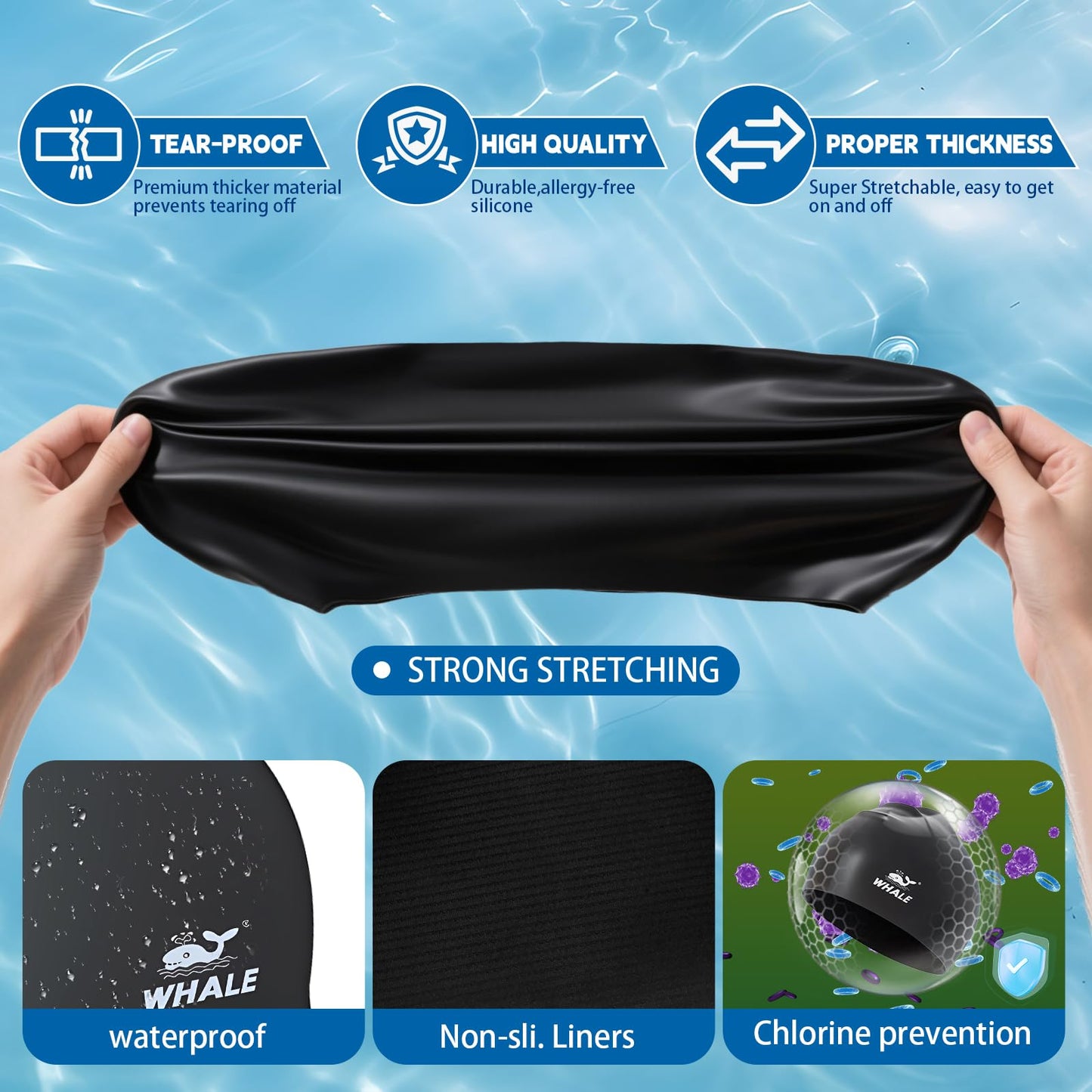 WHALE Extra Large Swim Cap for Women Men Non-Slip, High Elasticity Keeps Hair Dry Unisex Large Size Suitable for Long Hair, Curly Hair and African Dreadlocks (Black)