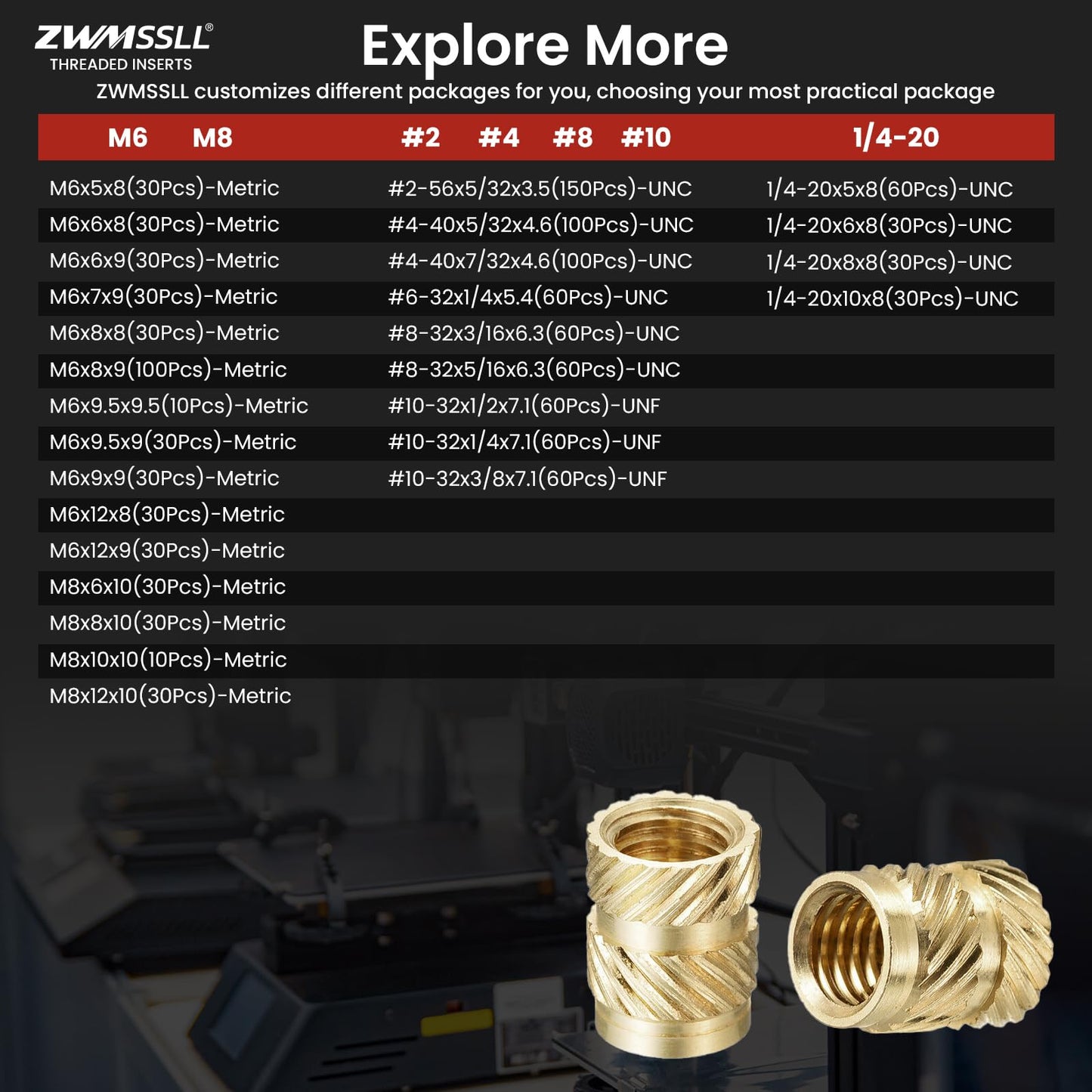 ZWMSSLL 1/4"-20 Heat Set Threaded Inserts,30 Pieces 1/4"-20x6x8 Heat Set Insert for 3D Printing Components and Plastic Parts,Brass Knurled Nuts