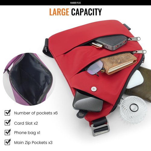 WANDER PLUS Anti Theft Crossbody Bag, Shoulder Bag Anti-theft Design for Travel, Sport, Work, Ruby Red