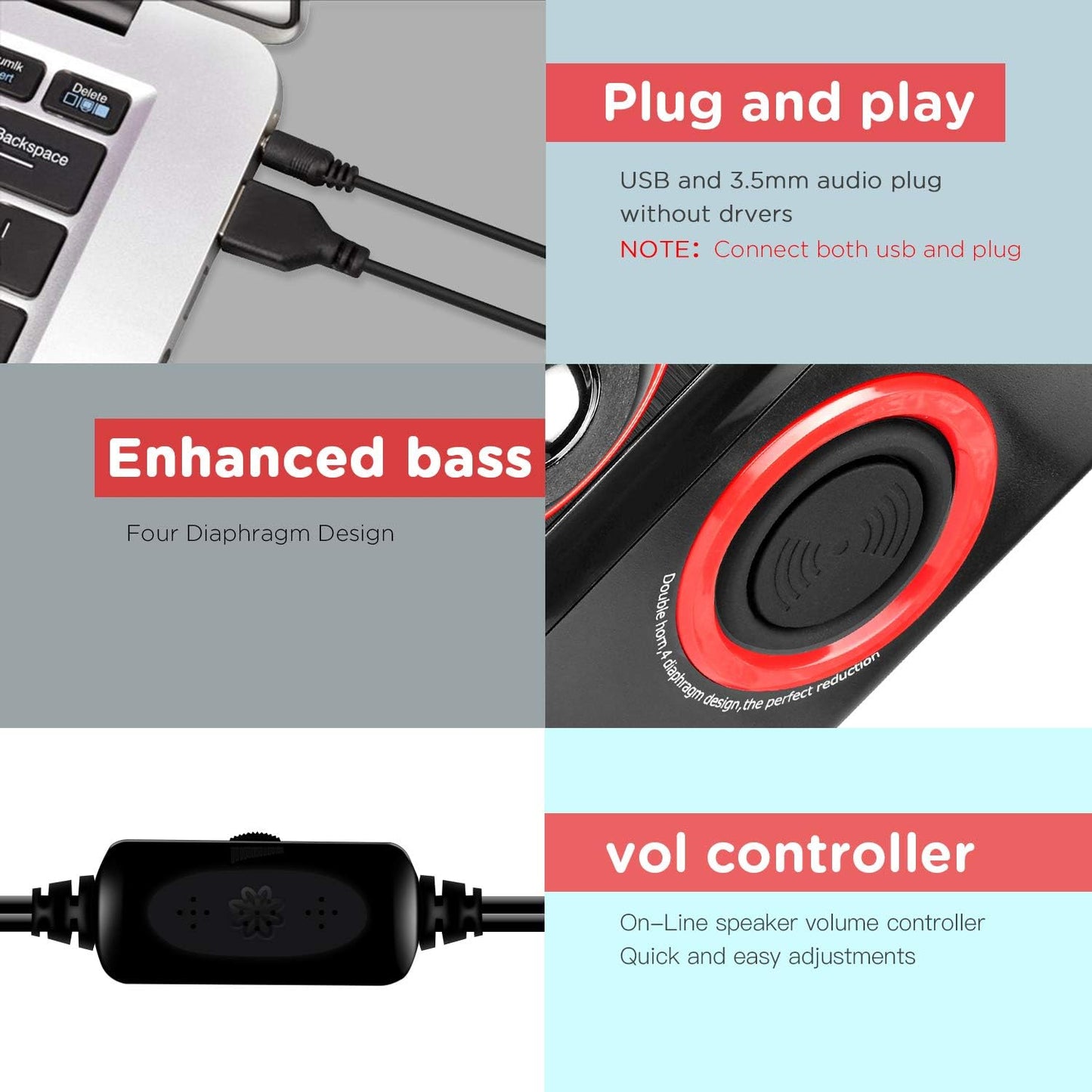 Reccazr SP2040 | 2.0 CH Computer Speakers with Surround Sound & Deep Bass - USB Wired, Red