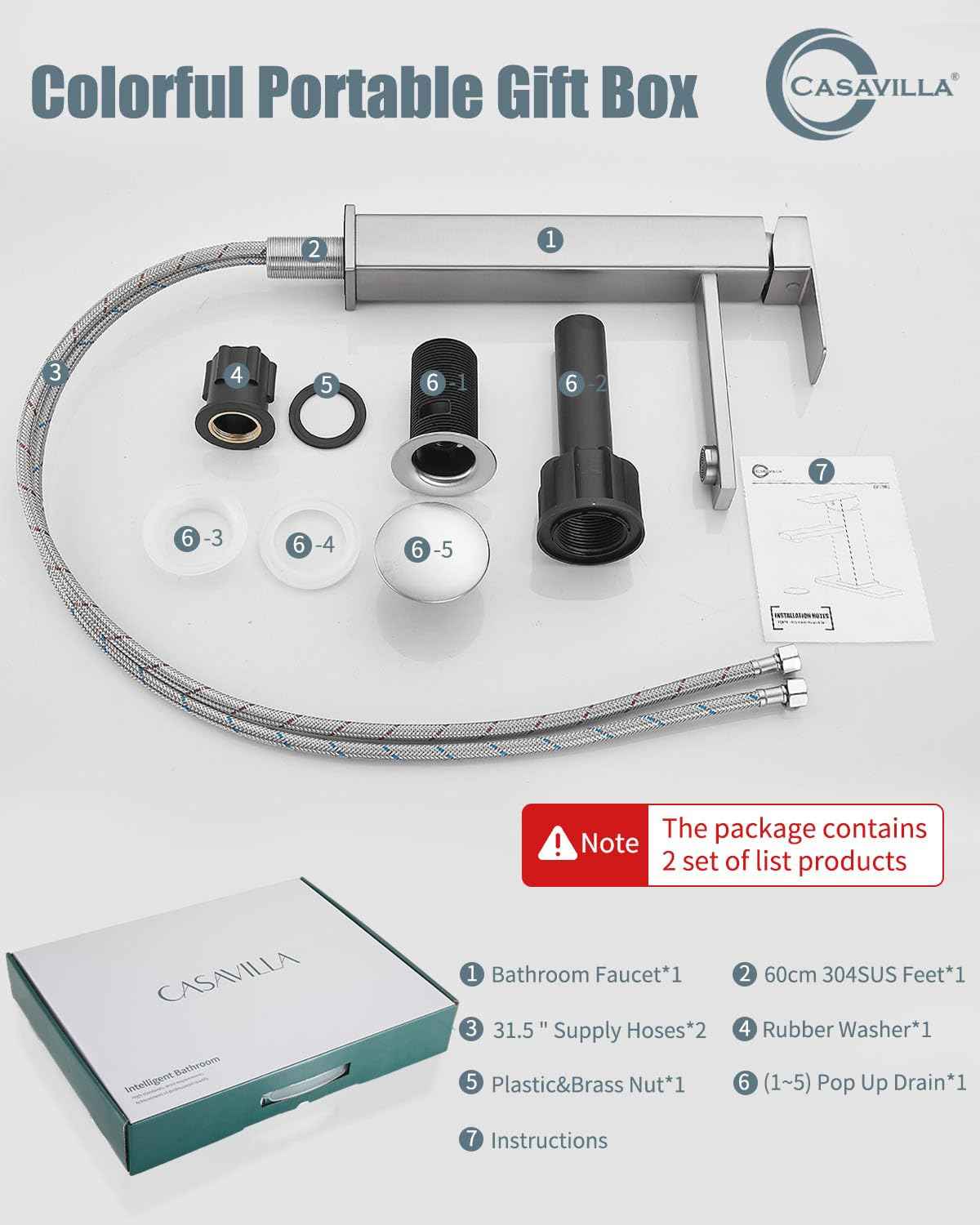 Casavilla Bathroom Faucet(2 Sets), Brushed Bathroom Sink Faucet Set with Pop Up Drain, Single Hole Single Handle High Barrel Sink Vanity, Stainless Steel Lead-Free