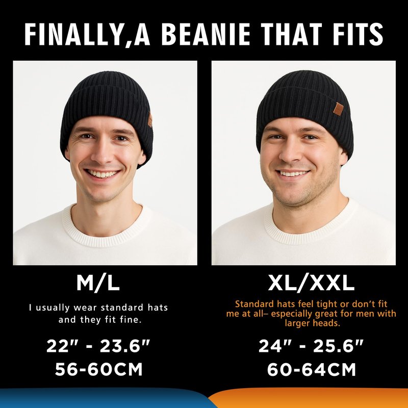 TOP-EX Mens 100% Merino Wool Beanie with Fleece Lining Cold Weather Winter Hat Warm Knit Skull Stocking Fisherman Watch Cap Big Head Oversize Camel Brown X-Large XX-Large XL XXL
