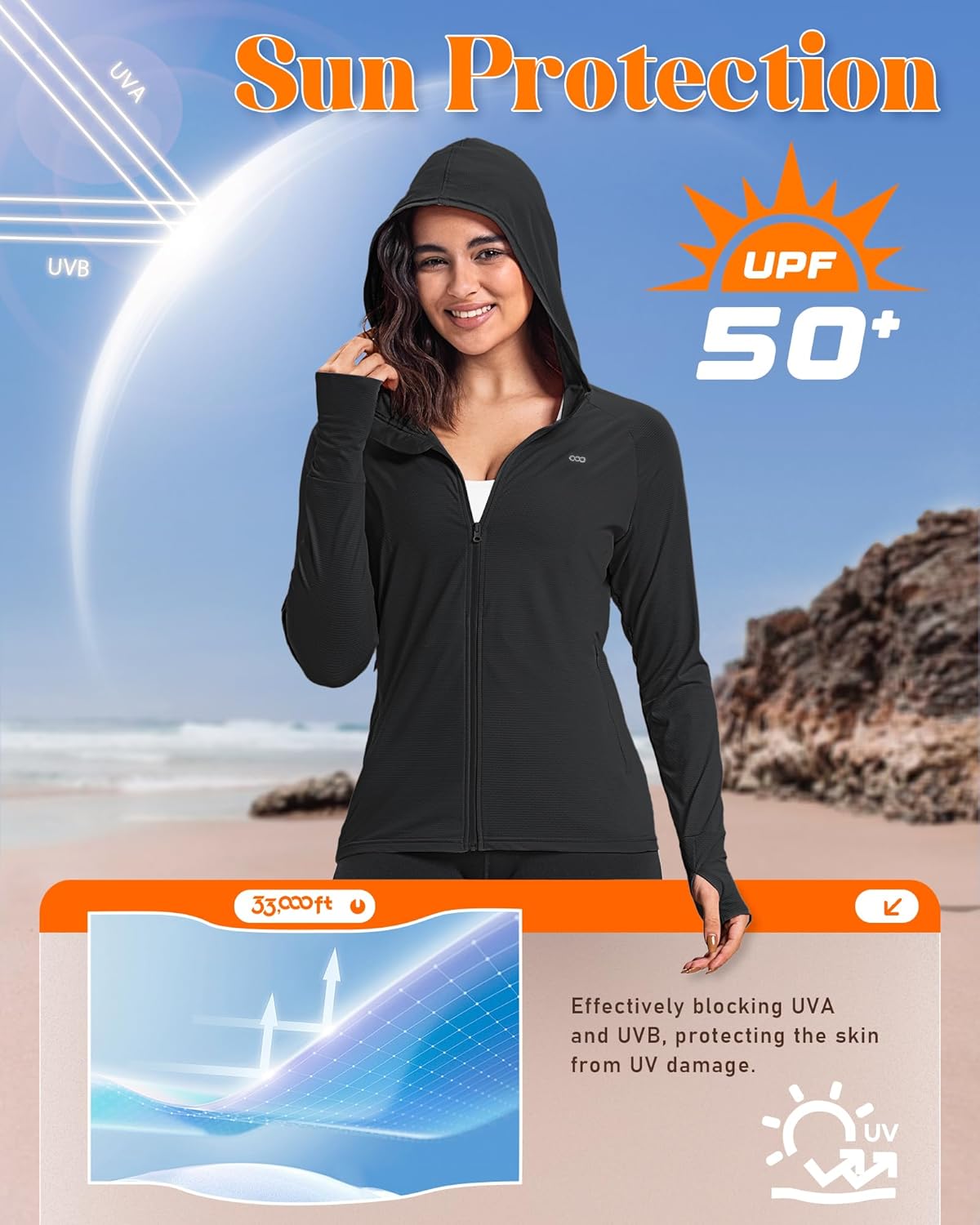 33,000ft Women's UPF 50+ Sun Protection Jacket - Lightweight Long Sleeve Hoodie for Hiking & Running