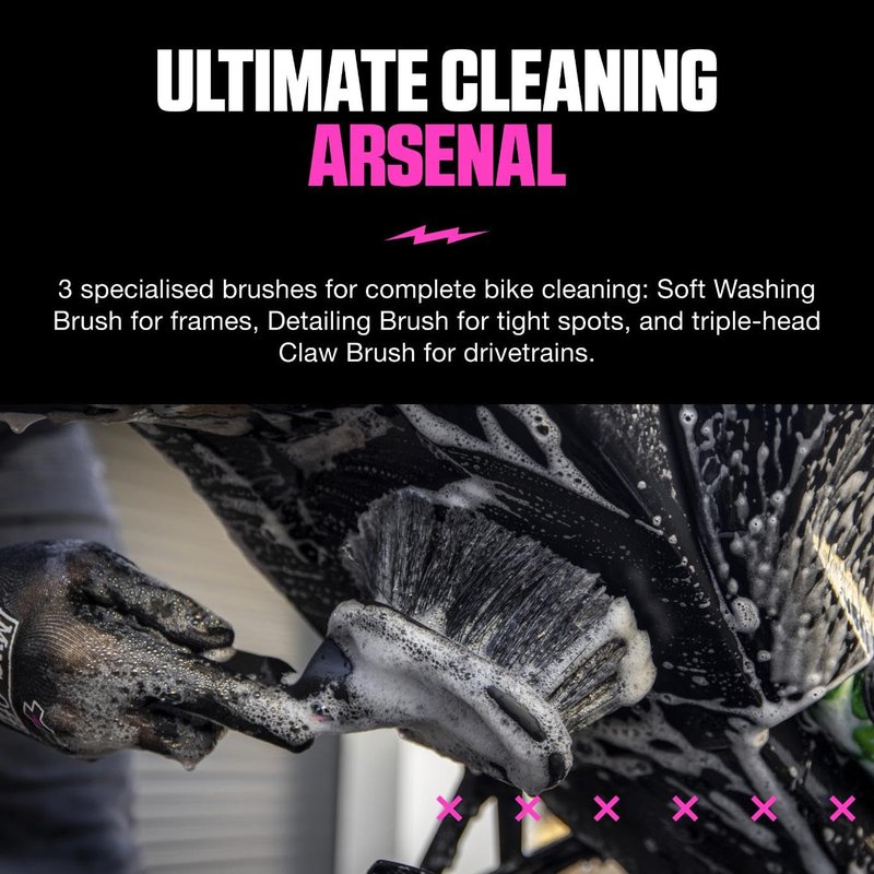 Muc-Off 220 3 Piece Premium Brush Kit - Includes 3 Bike Cleaning Brushes With Durable Nylon Bristles And Ergonomic Rubberised Handles To Minimise Impact
