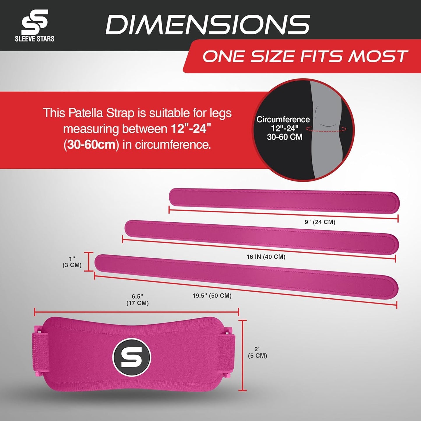 Sleeve Stars Patellar Tendon Support Strap - Effective Osgood Schlatter Knee Brace for Adults & Kids | Adjustable 12"-24" Hot Pink