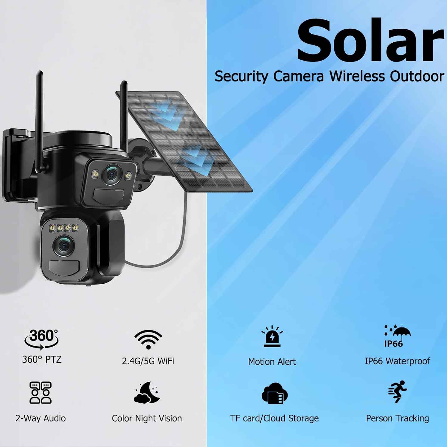 Uniter 6MP Dual Lens Solar Security Camera - Wireless Outdoor, 5G/2.4G WiFi, Night Vision, Motion Detection, 2-Way Audio