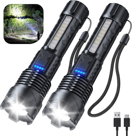 Rechargeable High Lumens Flashlight 2 Pack - 990000 Lumen Super Bright LED, 7 Modes, IPX6 Waterproof for Camping & Emergencies