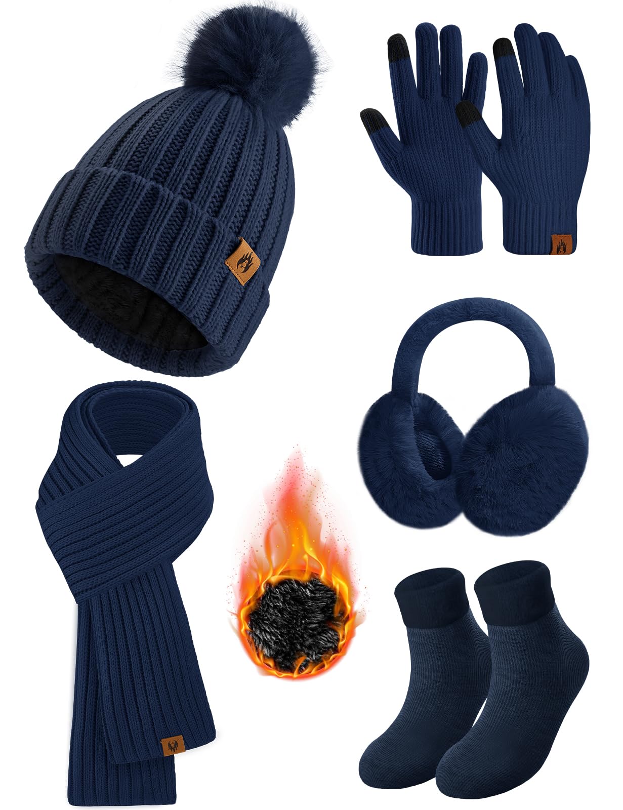 HEEKPEK Winter Beanie Hats Scarf Gloves Ear Muffs Fuzzy Socks 5pcs Set for Women Cold Weather Beanies Touch Screen Gloves (Navy Blue)