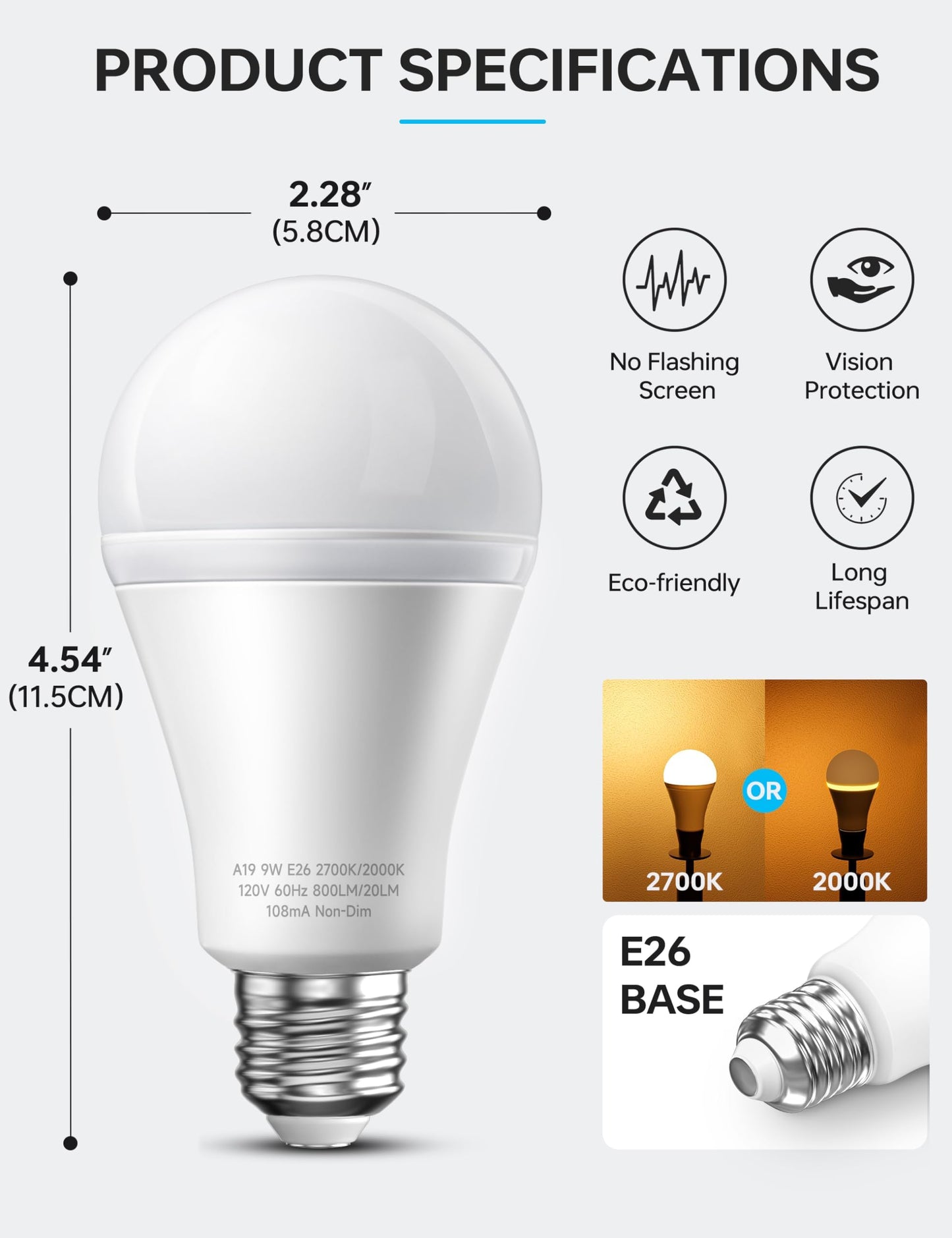 KINDEEP Sleep Night Light Bulbs: E26 Blue Light Blocking Dim Bulbs with 2 Modes, 0.5W Amber Lights with 20lm 2000K, 9W Equivalent 60W, 800lm 2700K, Ideal for Lamp, Bedroom, Sleep & Nursery, 2 Pack