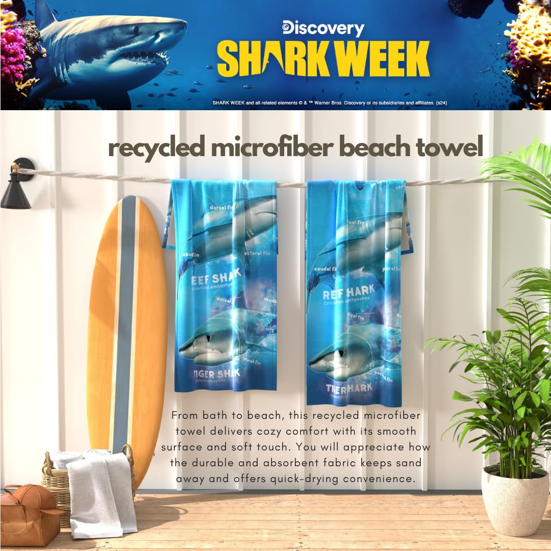 Collectibles Discovery Shark Week Super Soft Lightweight 100% Recycled Bath/Pool/Beach Towel Made from Recycled Plastic Bottles, 58 in x 28 in, (Officially Licensed Product) By Franco