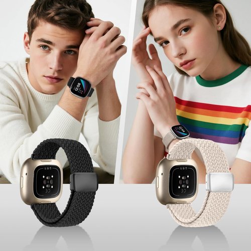 Zspoly Braided Band Compatible with Fitbit Versa 4 Bands for Women/Versa 3/Sense 2/Sense band, Magnetic Clasp Elastic Fabric Sport Nylon Smartwatch Band for Fitbit Versa4/3/Sense1/2
