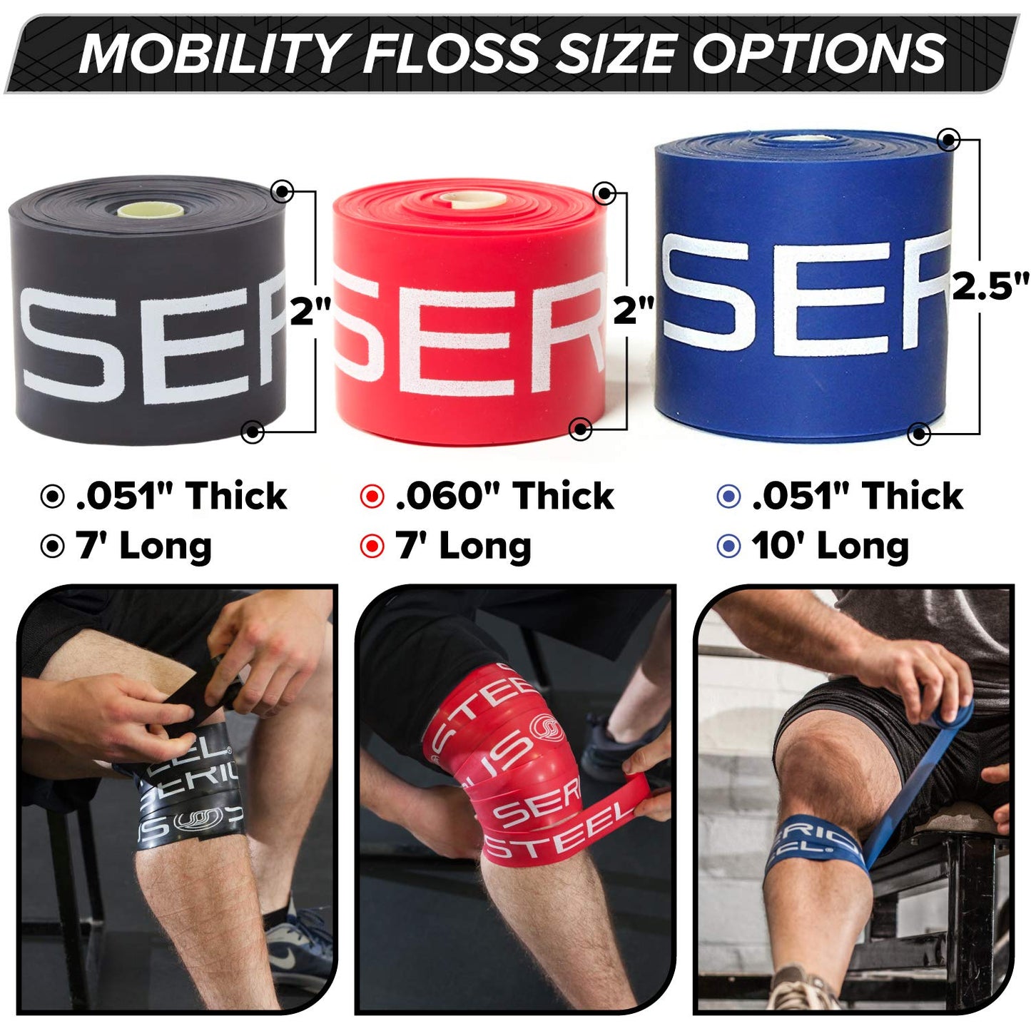 Serious Steel Fitness Black Mobility & Recovery (Floss) Bands Compression Tack & Flossing (Heavy: .051" X 2" x 7')