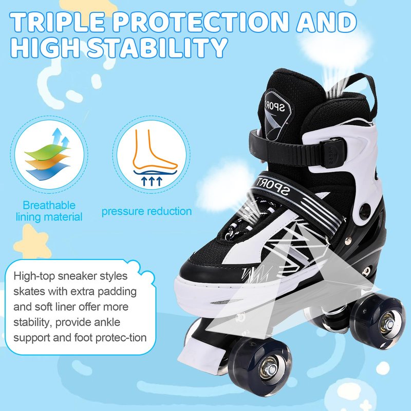 SYXKJ Boys Girls 4 Size Adjustable Kids Roller Skates for Children Toddlers Beginner with All Light Up Wheels, Birthday Gift for Outdoor Indoor Sports (Black White, Large)