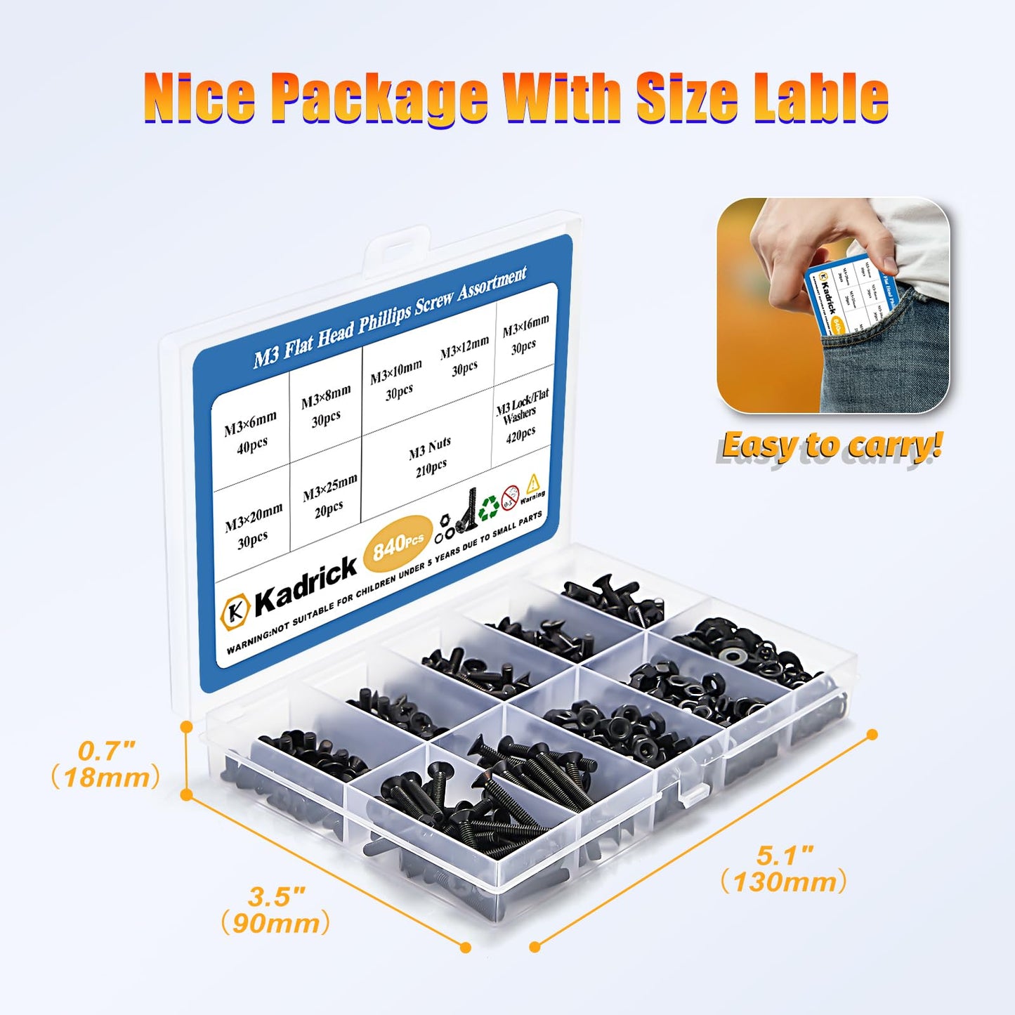 KADRICK 840Pcs M3 Countersunk Screws,M3 Flat Head Screws,Phillips Bolts Nuts Washers Assortment Kit,Zinc Plated,Lenth of 6MM-25MM