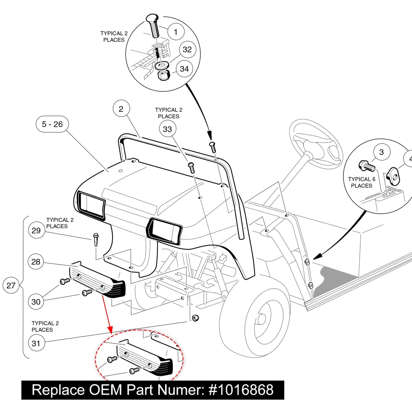 Roykaw Golf Cart Front Bumper with Bolts Fits for Club Car DS Gas and Electric 1993-Up Golf Cart, Durable Molded Plastic, Black Bumper Traverse Accessories, OEM#1016868