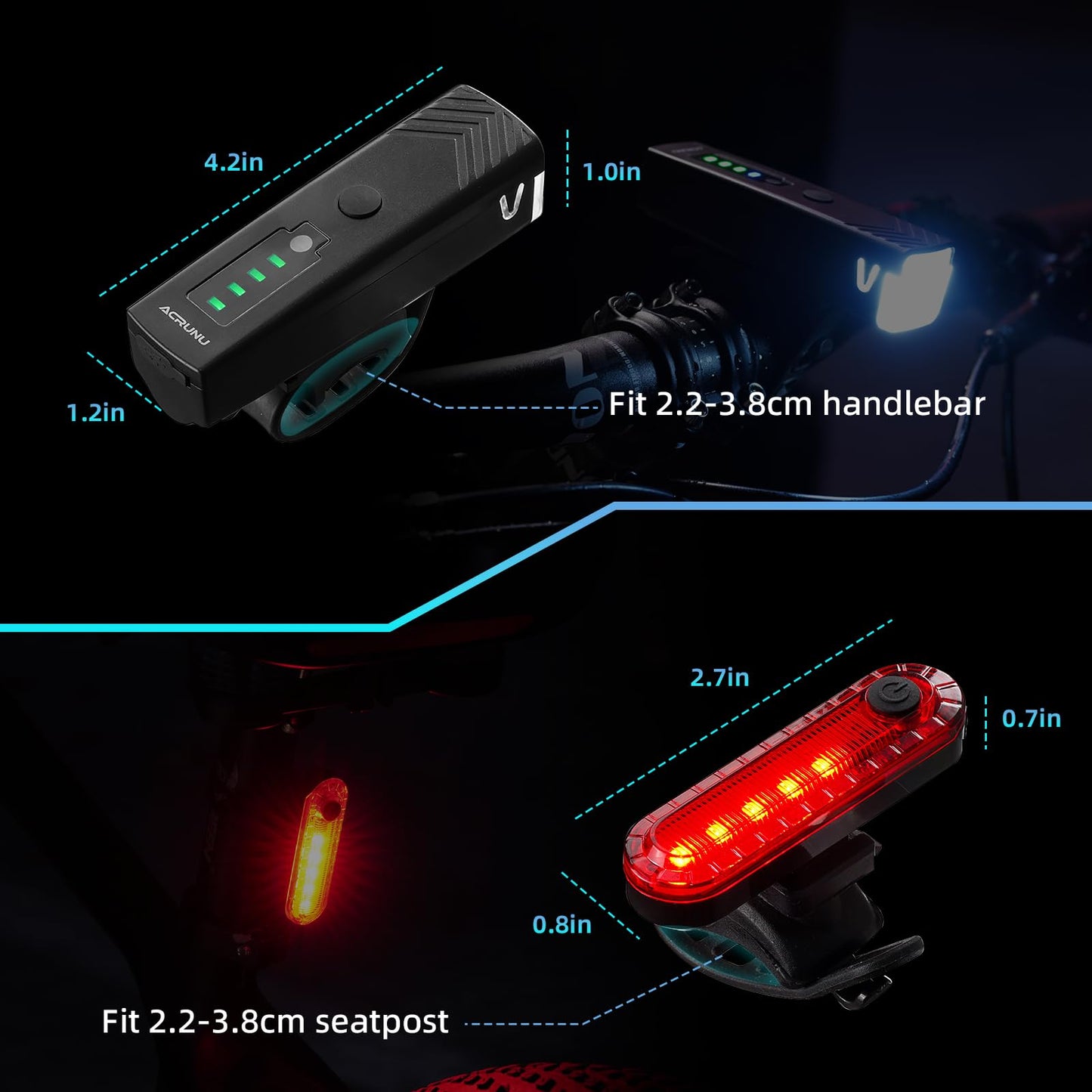 Bike Lights Front and Back, Mountain Bike Lights for Night Riding, Rechargeable USB-C Strong Brightness Bike Headlight with Tail Light, Stroller Lights for Walking at Night,Bike Lights Kids (Blue)
