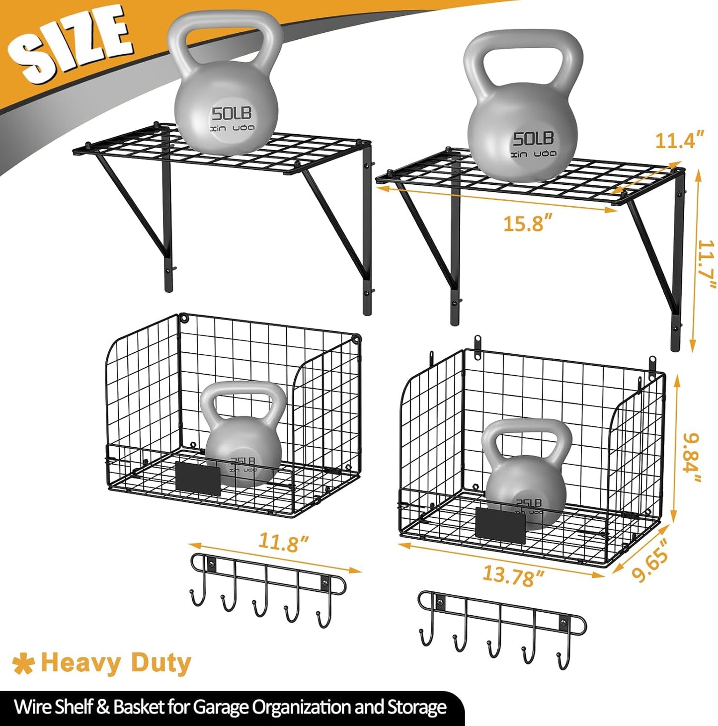 Heavy-Duty Wall-Mounted Garage Shelves with Wire Baskets & Hooks - 2 Pack Tool Organizer for Home & Garden Storage