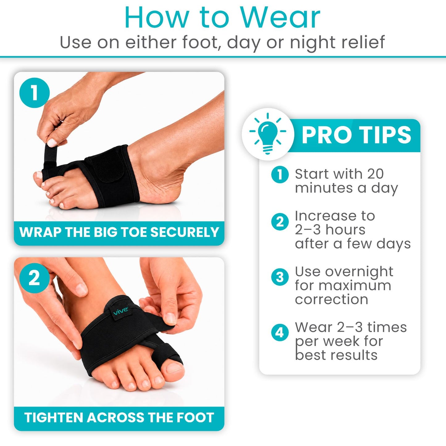 Vive Bunion Brace (Pair) - Big Toe Corrector Straightener with Splint - Hallux Valgus Pad, Joint Pain Relief, Alignment Treatment - Orthopedic Sleeve Foot Wrap Support for Men and Women (Black)